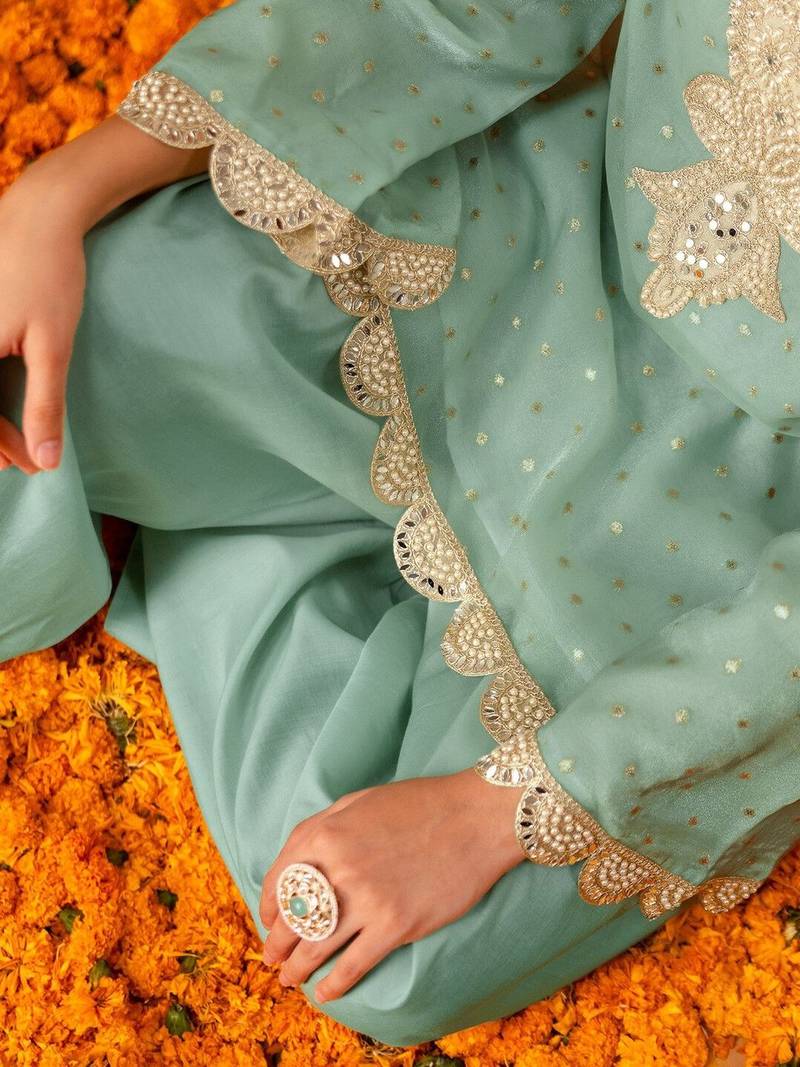 Woven Design Mint Green Poly Georgette Straight Kurta With Farshi Salwar Set