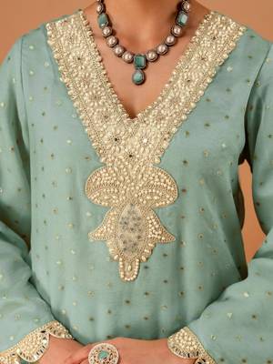 Woven Design Mint Green Poly Georgette Straight Kurta With Farshi Salwar Set 5