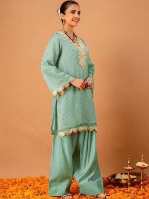 Woven Design Mint Green Poly Georgette Straight Kurta With Farshi Salwar Set 6