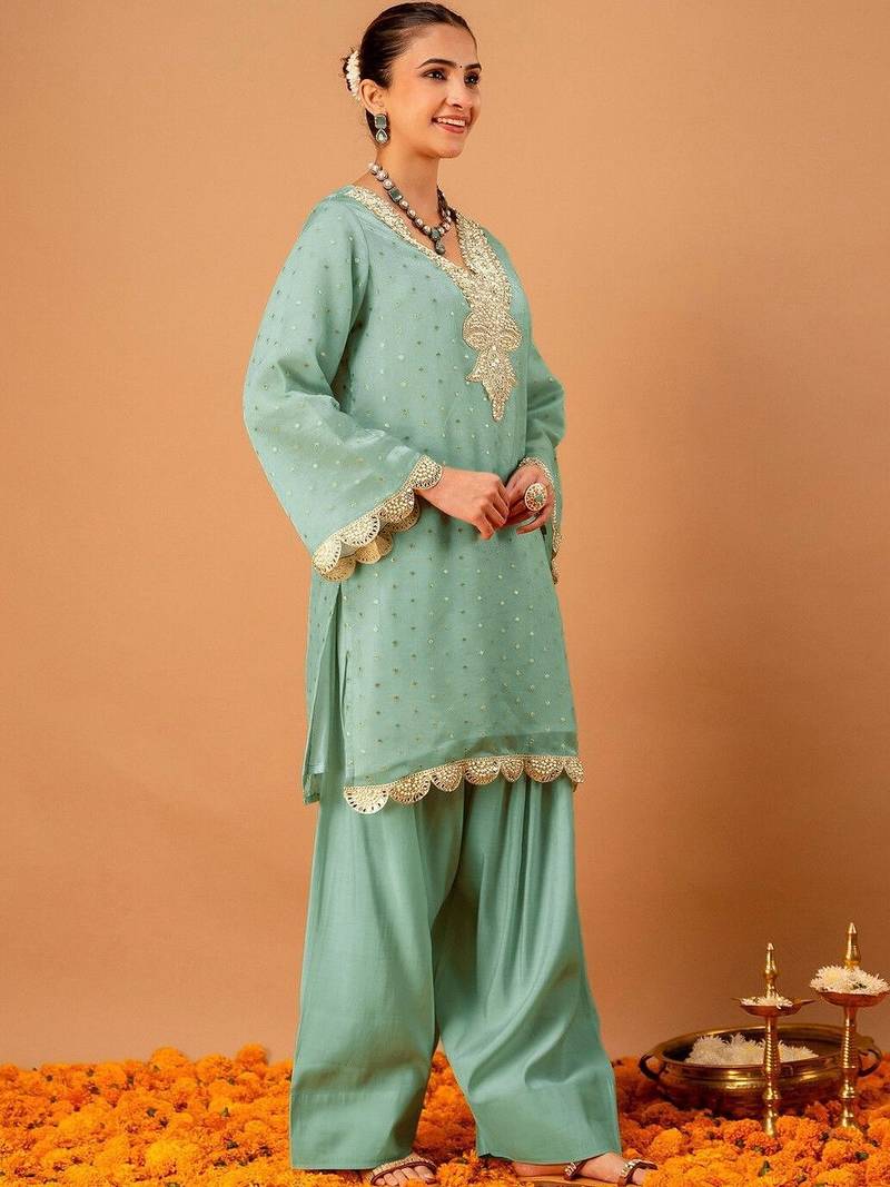Woven Design Mint Green Poly Georgette Straight Kurta With Farshi Salwar Set