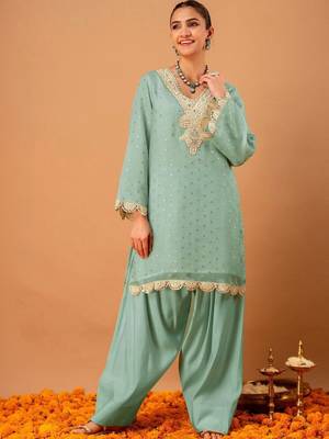 Woven Design Mint Green Poly Georgette Straight Kurta With Farshi Salwar Set 7