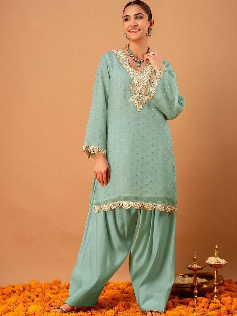 Woven Design Mint Green Poly Georgette Straight Kurta With Farshi Salwar Set