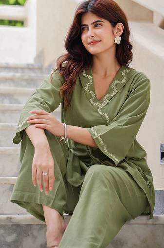 Embroidery Lace Moss Green Cotton Blend Co Ords for Women