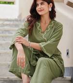 Embroidery Lace Moss Green Cotton Blend Co Ords for Women