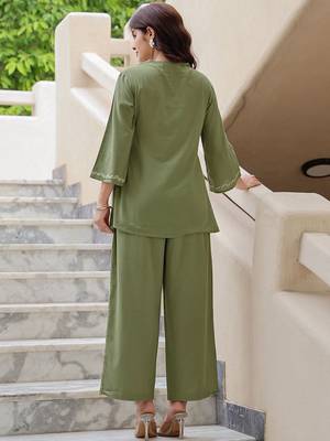 Embroidery Lace Moss Green Cotton Blend Co Ords for Women 3