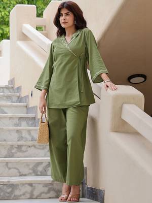 Embroidery Lace Moss Green Cotton Blend Co Ords for Women 6