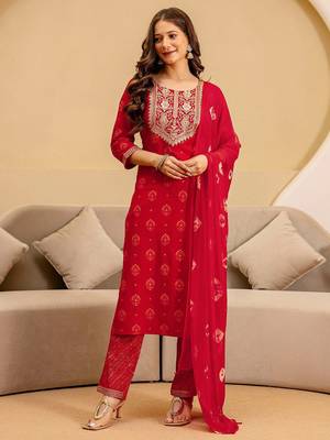 Women Ethnic Motifs Embroidered Thread Work Kurta with Trousers & Dupatta 1
