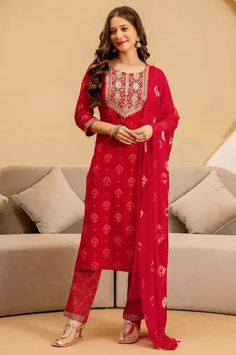 women ethnic motifs embroidered thread work kurta with trousers & dupatta