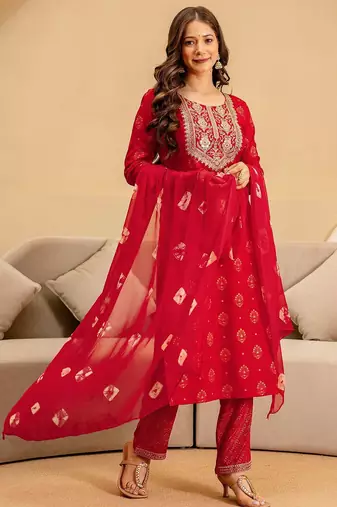 women ethnic motifs embroidered thread work kurta with trousers & dupatta