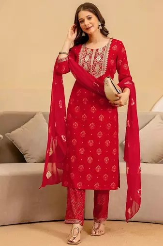 women ethnic motifs embroidered thread work kurta with trousers & dupatta
