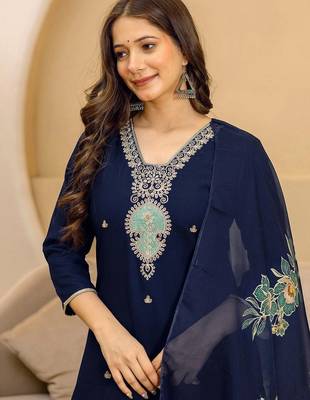 Women Ethnic Motifs Embroidered Kurta with Trousers & Dupatta 6