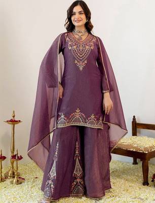 Women Ethnic Motifs Embroidered Regular Thread Work Kurta with Sharara & With Dupatta 1