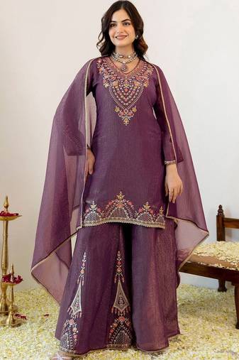 Women Ethnic Motifs Embroidered Regular Thread Work Kurta with Sharara & With Dupatta