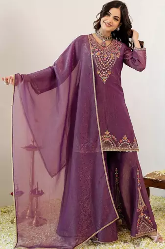Women Ethnic Motifs Embroidered Regular Thread Work Kurta with Sharara & With Dupatta