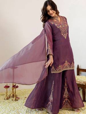 Women Ethnic Motifs Embroidered Regular Thread Work Kurta with Sharara & With Dupatta 6