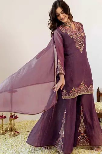 Women Ethnic Motifs Embroidered Regular Thread Work Kurta with Sharara & With Dupatta