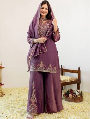 Women Ethnic Motifs Embroidered Regular Thread Work Kurta with Sharara & With Dupatta 7