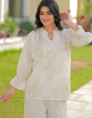 Embroidered Off White Cotton Blend Co Ords for Women 2