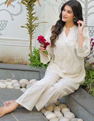 Embroidered Off White Cotton Blend Co Ords for Women 6
