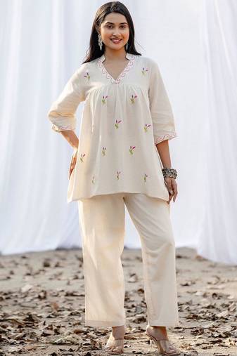 Embroidered Off White Cotton Blend Co Ords for Women