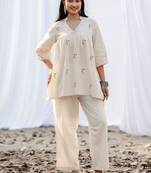 Embroidered Off White Cotton Blend Co Ords for Women