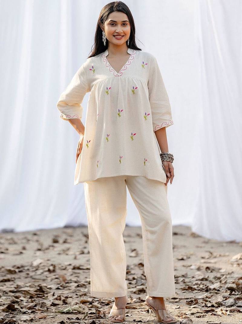 Embroidered Off White Cotton Blend Co Ords for Women