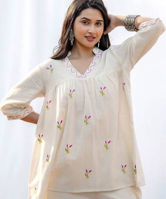 Embroidered Off White Cotton Blend Co Ords for Women 6