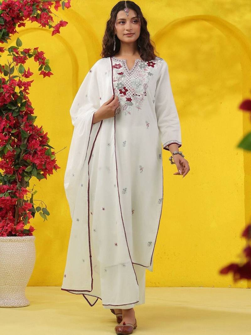 Women Floral Embroidered Regular Sequinned Pure Cotton Kurta with Palazzos & With Dupatta