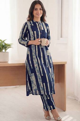 Printed Navy Blue Cotton Co Ords for Women