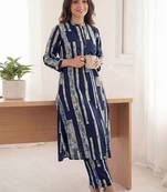 Printed Navy Blue Cotton Co Ords for Women