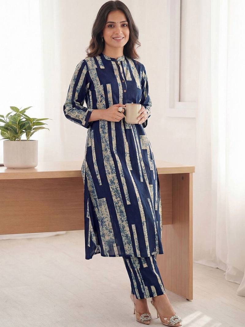 Printed Navy Blue Cotton Co Ords for Women