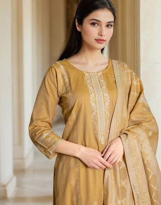 Floral Woven Design Straight Kurta With Trousers & Dupatta 2