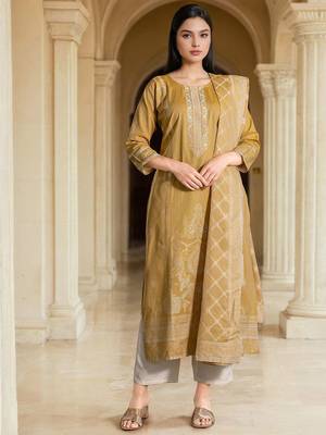Floral Woven Design Straight Kurta With Trousers & Dupatta 1
