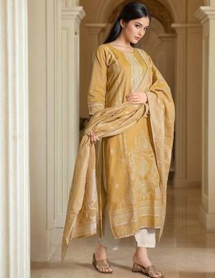 Floral Woven Design Straight Kurta With Trousers & Dupatta 3