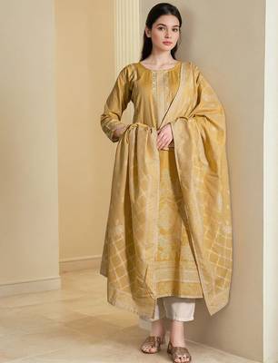 Floral Woven Design Straight Kurta With Trousers & Dupatta 5