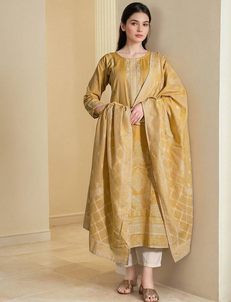 Floral Woven Design Straight Kurta With Trousers & Dupatta