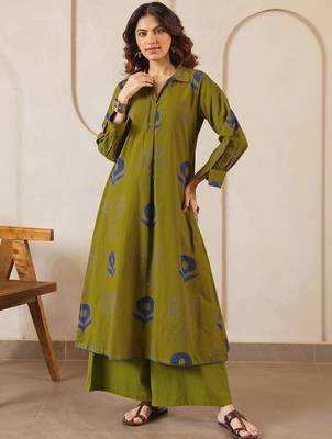 Printed Dark Olive Green Viscose Rayon Co Ords for Women 1