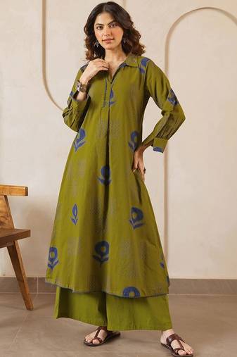 Printed Dark Olive Green Viscose Rayon Co Ords for Women