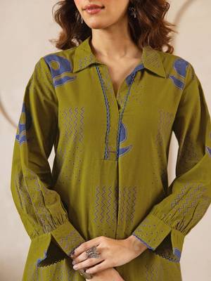 Printed Dark Olive Green Viscose Rayon Co Ords for Women 4