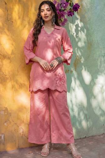 Embroidered Light Pink Cotton Co Ords for Women