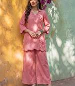 Embroidered Light Pink Cotton Co Ords for Women