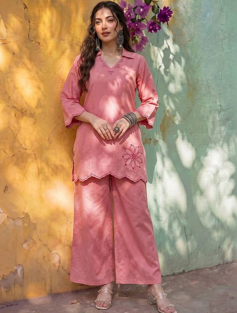 Embroidered Light Pink Cotton Co Ords for Women