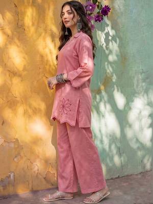 Embroidered Light Pink Cotton Co Ords for Women 3