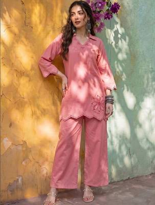 Embroidered Light Pink Cotton Co Ords for Women 4