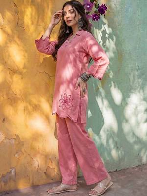 Embroidered Light Pink Cotton Co Ords for Women 5