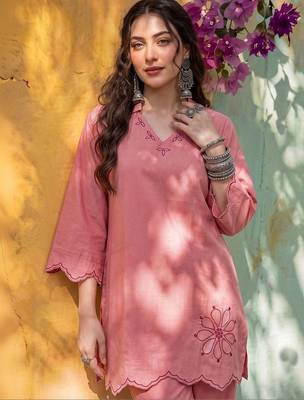 Embroidered Light Pink Cotton Co Ords for Women 6