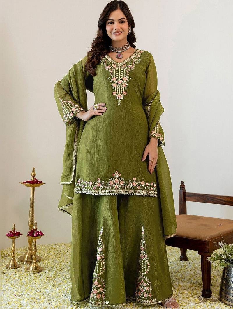 Women Ethnic Motifs Embroidered Regular Thread Work Kurta with Sharara & With Dupatta
