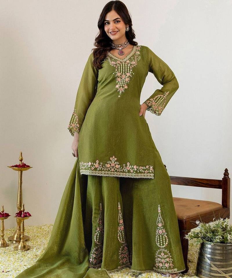 Women Ethnic Motifs Embroidered Regular Thread Work Kurta with Sharara & With Dupatta