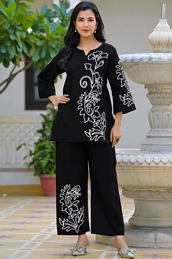 Embroidered Black Cotton Co Ords for Women