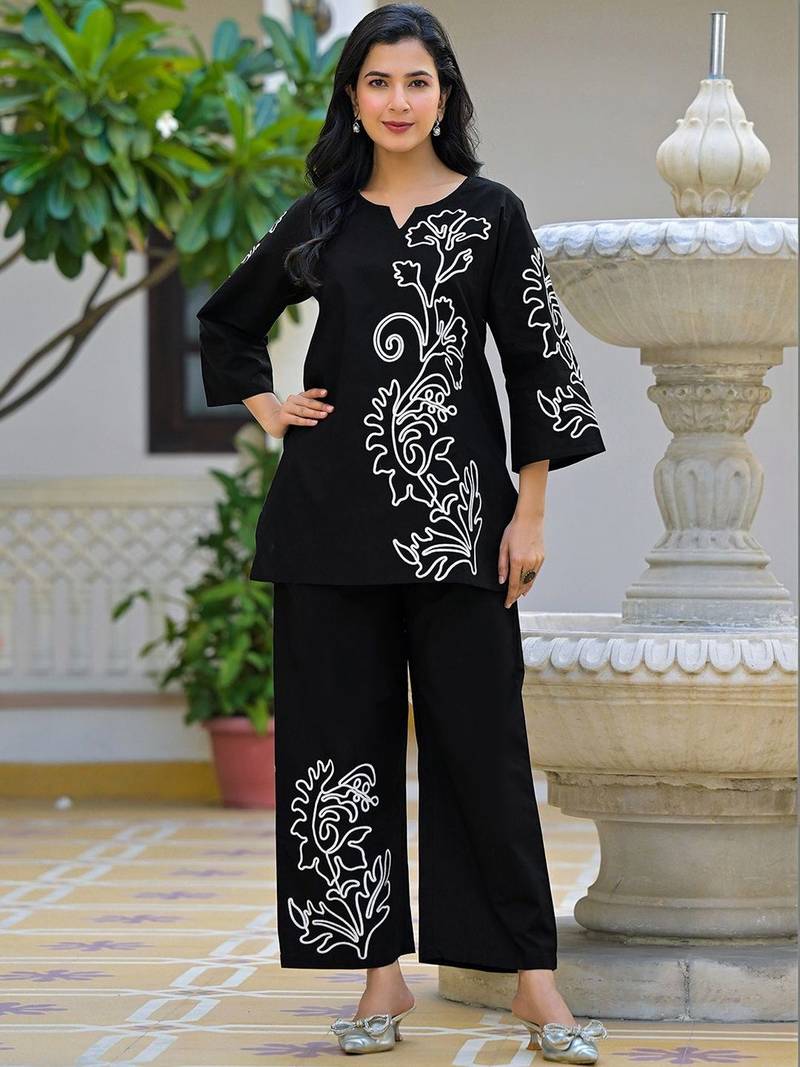 Embroidered Black Cotton Co Ords for Women